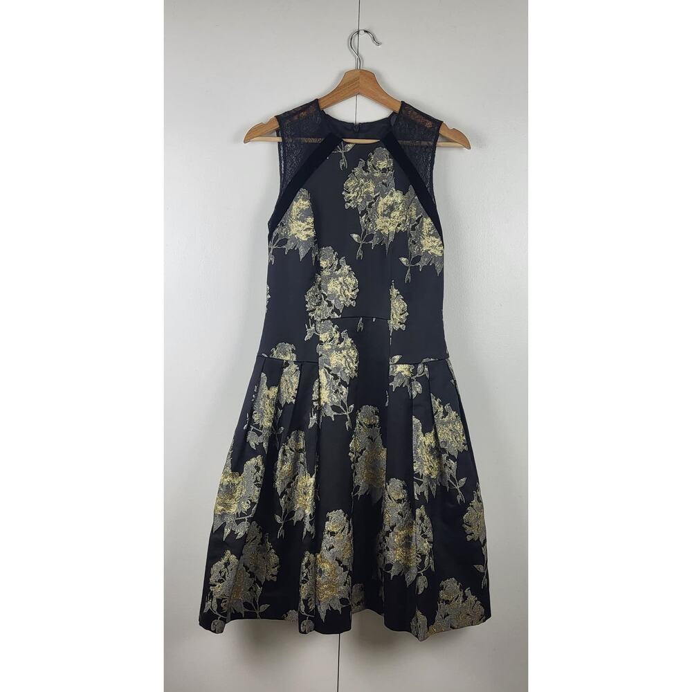 Silk Trim Metallic Floral Midi Fit and Flare Pleated Carmen Marc Valvo Dress | 4 - Picture 9 of 9